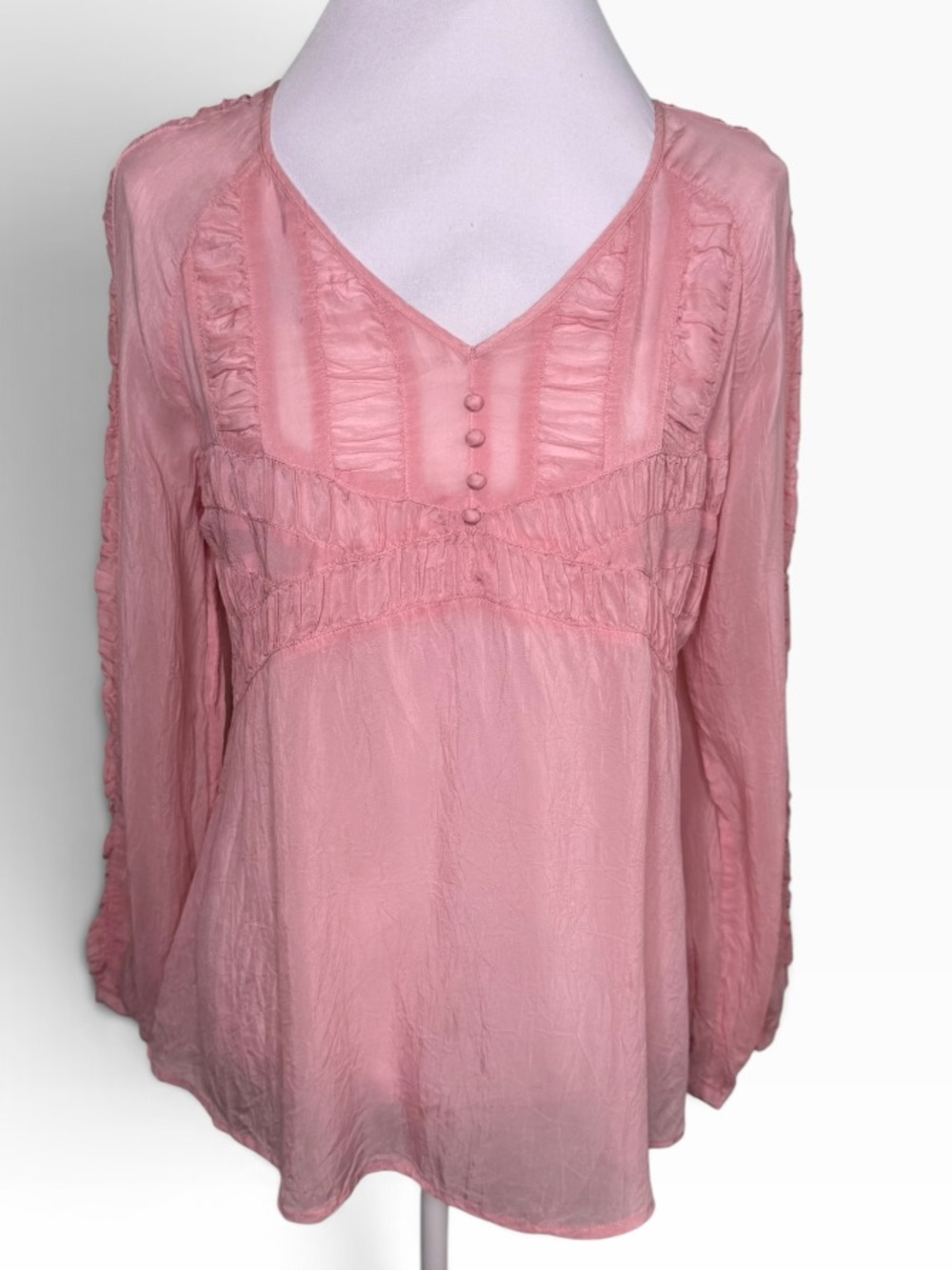 J.Jill Dusty Pink Ruched Bib Gauze Pintucked Ruffle Sleeve Peasant Blouse Medium